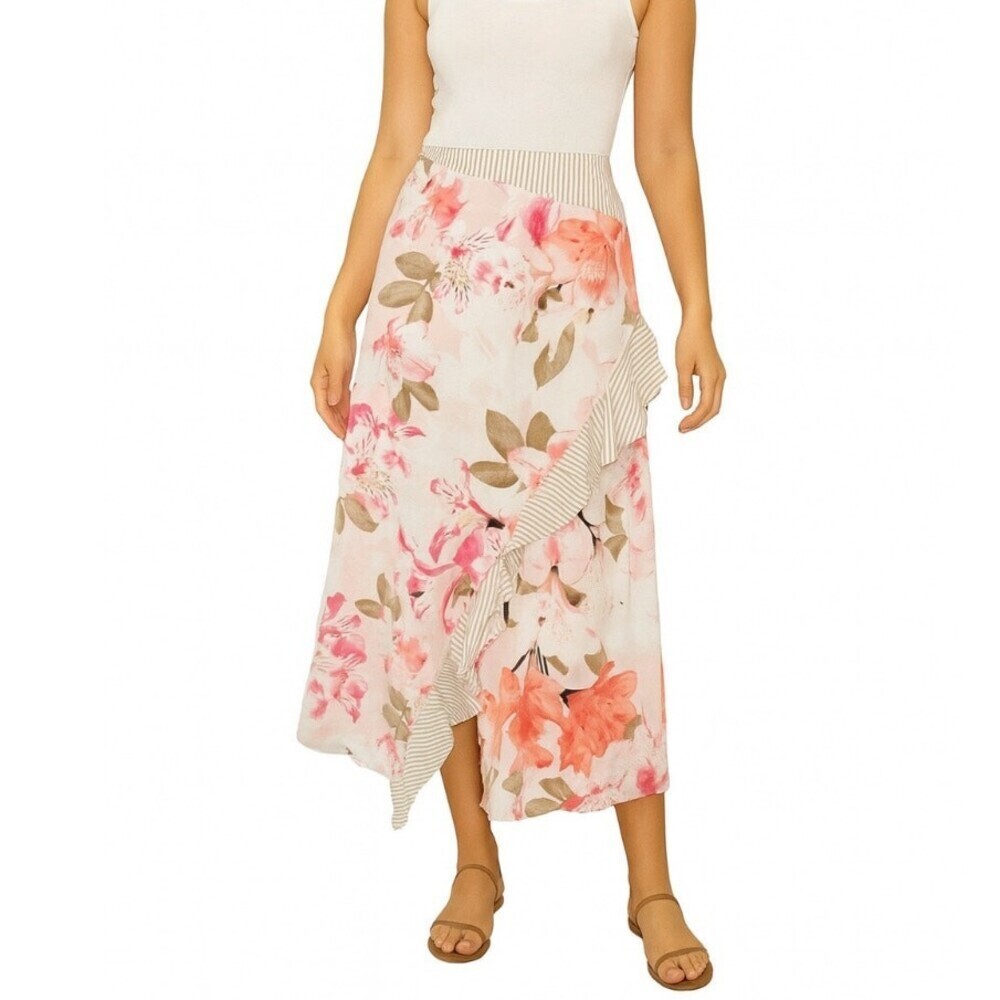 Calvin Klein Ruffle-Front Midi Skirt White/Multicolor Floral-Print SZ 6 cream